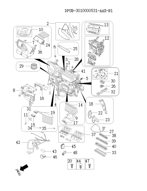 Front internal air conditioning components     74